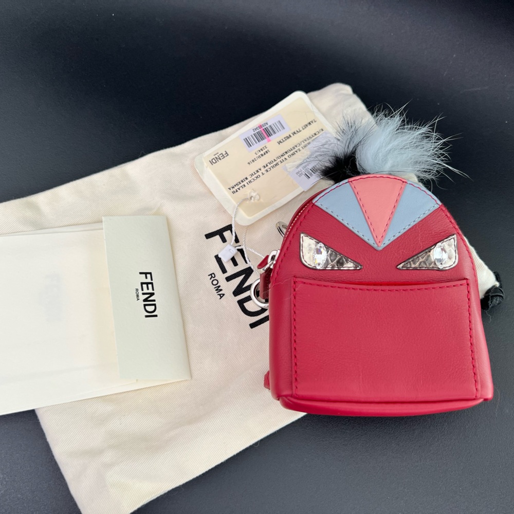 Fendi monster mini backpack keyring charm red keychain leather fur